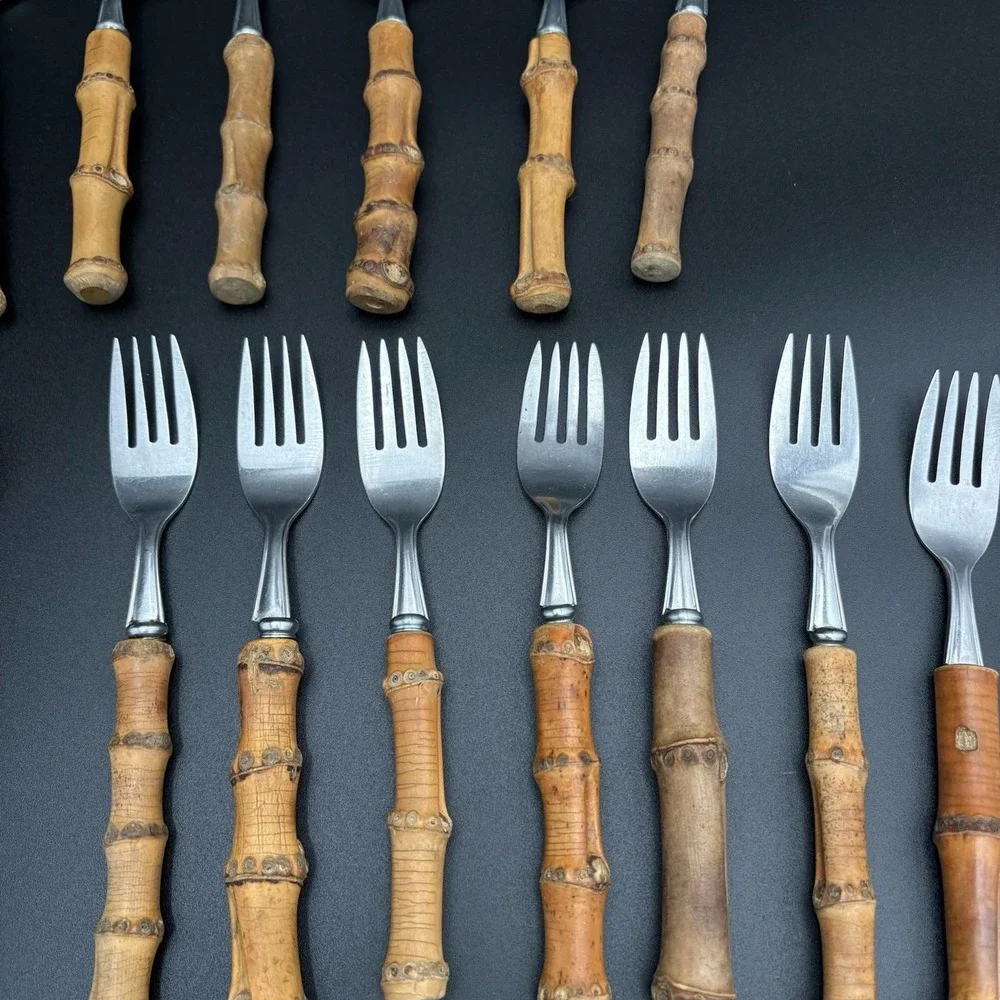 1950s Vtg Natural Bamboo Flatware Set Japan Stainless Steel MCM Tiki Boho 39 PCs